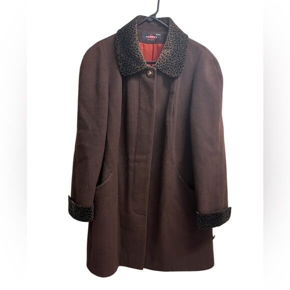 VTG 60s Alorna by Forstmann Brown Wool Long Coat w/ Faux Fur Cheetah Trim SZ XL - Picture 1 of 7